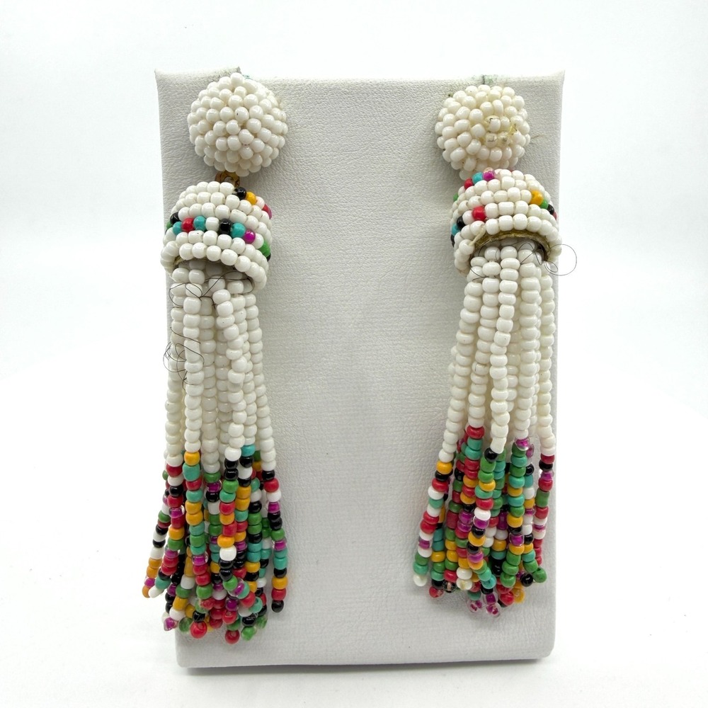 White Beaded Tassel Earrings Statement Boho Festival Drop Dangle Jewelry Gift